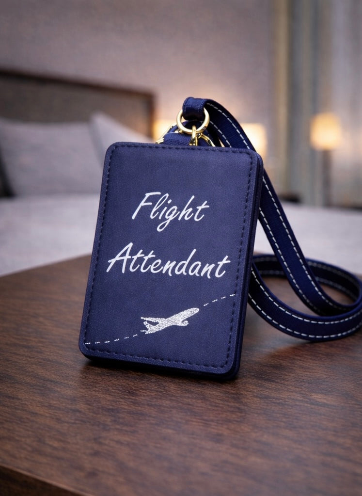 Flight Attendant- Silver Glitter Airplane Design Blue