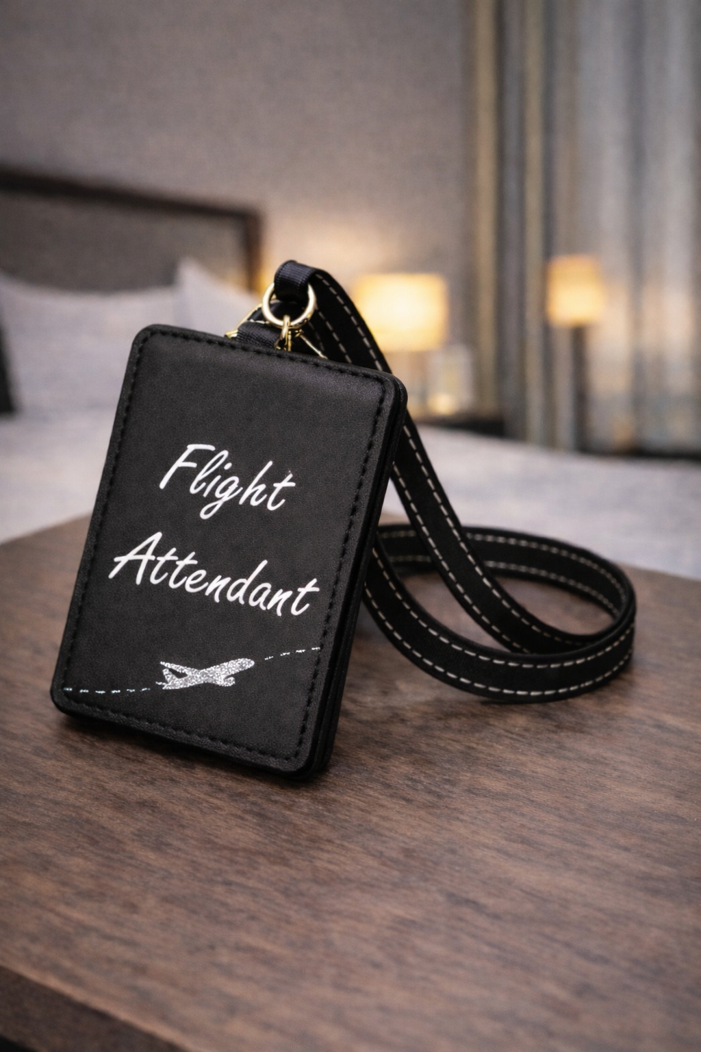 Flight Attendant- Silver Glitter Airplane Design Black